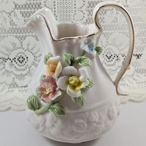 White Porcelain Floral Pitcher Vase with Gold Trim